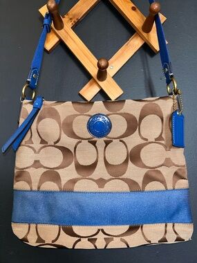Coach Signature Stripe File Bag- Khaki Cobalt Blue Y2K 2012